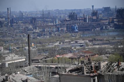 Мариуполь, Донецкая народная республика. Вид на разрушенный город сверху.