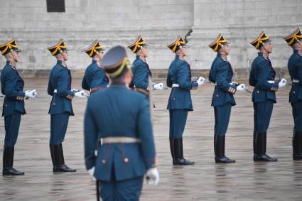 Москва. Военнослужащие роты специального караула Президентского полка ФСО России на церемонии развода пеших и конных караулов на Соборной площади Московского Кремля.