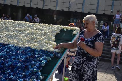 Краснодар. Самый большой  флаг России из роз собрали на главной площади города  к празднику День России.