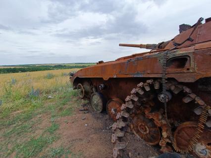 Донецкая область. с.Анадоль. Подбитый танк сгорел в засеянных полях.