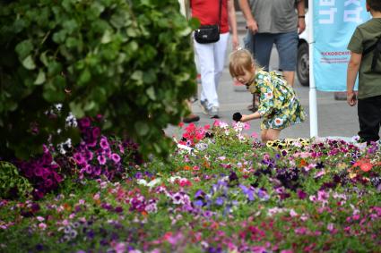 Москва.  Посетители   во время фестиваля \"Цветочный джем: тропическое лето\" на Манежной площади.