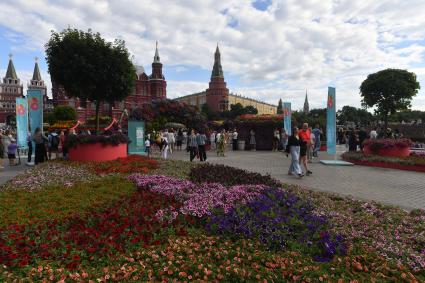 Москва.  Посетители   во время фестиваля \"Цветочный джем: тропическое лето\" на Манежной площади.