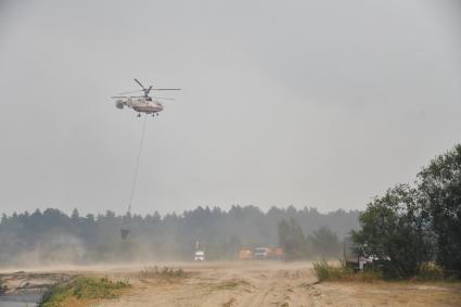 Рязанская область. п.Деулино. Переправа через реку Пру. Пожарный вертолет МЧС Ка-32А принимает участие в тушения лесного пожара.