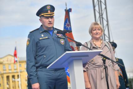 Москва. Министр РФ по делам гражданской обороны, чрезвычайным ситуациям и ликвидации последствий стихийных бедствий (МЧС) Александр Куренков на III Международном пожарно-спасательном конгрессе на территории Парка Горького.