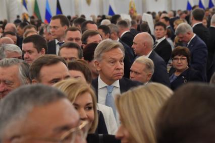 Москва. Член Комитета Совета Федерации по конституционному законодательству и государственному строительству Алексей Пушков после подписания договоров о вхождении в Российскую Федерацию Донецкой и Луганской народных республик, Запорожской и Херсонской областей в Георгиевском зале Большого Кремлевского дворца.