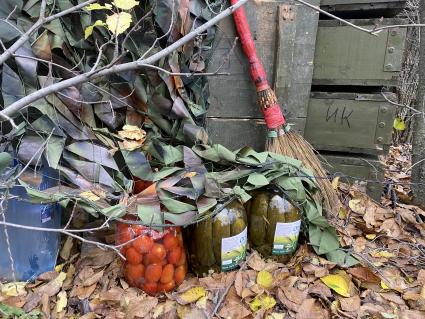 Донецкая область.  Позиции минометчиков батальона `Восток` ДНР под Угледаром. Запасы пищи надежно спрятаны от лесных обитателей в ящики.