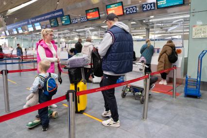 Санкт-Петербург. Пассажиры у стойки регистрации в аэропорту Пулково.