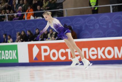 Пермь. Софья Муравьева выступает с короткой программой женского одинокого катания на VI этапе Гран-при России по фигурному катанию.