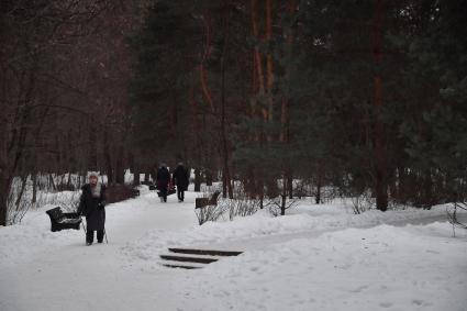 Москва. Женщина во время занятия скандинавской ходьбой в парке Серебряный Бор.