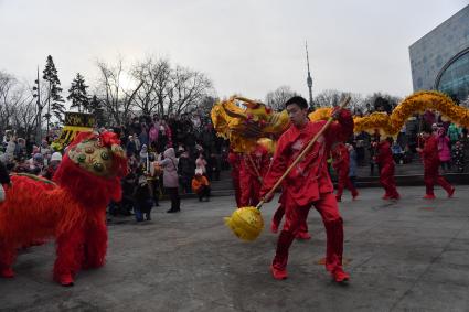 Москва.  Артисты в национальных костюмах проносят 18-метрового дракона на праздновании китайского Нового года на ВДНХ. В 2023 году символом китайского Нового года станет водяной Заяц или Кролик.