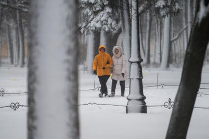 Санкт-Петербург. Прохожие на улице города во время снежного шторма.