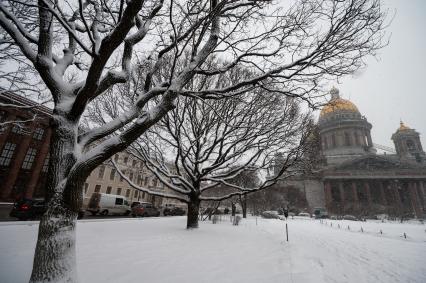 Санкт-Петербург. Вид на  Исаакиевский собор  во время снежного шторма.