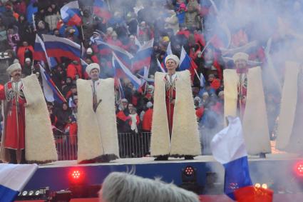 Москва. Участники музыкального ансамбля  во время митинг-концерта`Слава защитникам Отечества` в Лужниках, посвященного участникам спецоперации и празднованию Дня защитника Отечества.