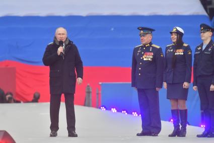 Москва. Президент РФ Владимир Путин в Лужниках во время выступления на митинге-концерте `Слава защитникам Отечества`, посвященном участникам специальной военной операции и празднованию Дня защитника Отечества.