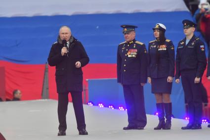 Москва. Президент РФ Владимир Путин в Лужниках во время выступления на митинге-концерте `Слава защитникам Отечества`, посвященном участникам специальной военной операции и празднованию Дня защитника Отечества.