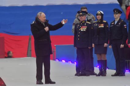 Москва.  Президент РФ Владимир Путин  в Лужниках во время выступления на митинге-концерте `Слава защитникам Отечества`, посвященном участникам специальной военной операции и празднованию Дня защитника Отечества.