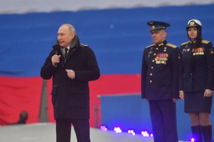 Москва. Президент РФ Владимир Путин в Лужниках во время выступления на митинге-концерте `Слава защитникам Отечества`, посвященном участникам специальной военной операции и празднованию Дня защитника Отечества.