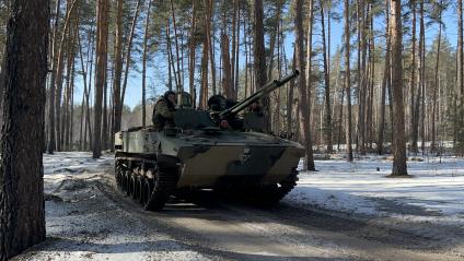 Луганская область. Военнослужащие 76-й гвардейской воздушно-десантной дивизии едут на БМД-4 на Сватовском направлении под Кременной.