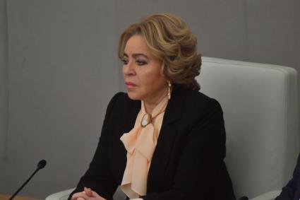 Москва. Председатель Совета Федерации РФ Валентина Матвиенко во время выступления председателя правительства РФ Михаила Мишустина с ежегодным отчетом правительства РФ в Государственной Думе РФ.