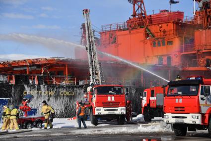 Мурманск. Сотрудники МЧС России во время отработки вводных `Ликвидация радиационной аварии` в рамках учений `Безопасная Арктика` на атомном ледоколе `Советский Союз` у причала ФГУП `Атомфлот`.