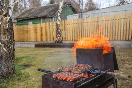 Красноярск. Приготовление куриных крылышек и сосисок на решетке на приусадебном участке.