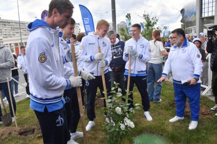 Москва. Глава группы компаний Bosco di Ciliegi Михаил Куснирович (справа) и игроки футбольного клуба `Динамо`  во время посадки черешневых деревьев в рамках фестиваля искусств `Черешневый лес` в парке `Динамо` у ВТБ Арены.