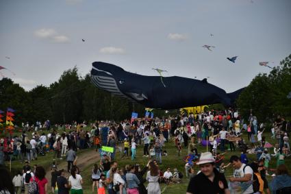 Москва.   Участники фестиваля воздушных змеев `Пестрое небо` в музее-заповеднике `Царицыно`.