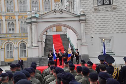 Москва.   Президент РФ Владимир Путин во время обращения  к подразделениям Министерства обороны РФ, Федеральной службы войск национальной гвардии, Федеральной службы безопасности, Министерства внутренних дел и Федеральной службы охраны, которые обеспечили порядок и законность во время мятежа.