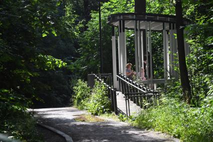 Москва.  Посетители в беседке  в природном заказнике  `Воробьевы Горы`.