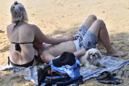Москва. Пара с собакой загорают на пляже озера Белое в районе Косино-Ухтомское.