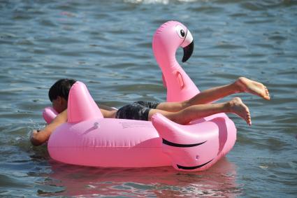 Москва. Мальчик плавает на надувном фламинго в озере Белое в районе Косино-Ухтомское.