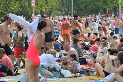 Москва. Горожане загорают на пляже озера Белое в районе Косино-Ухтомское.