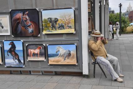 Москва.   Мужчина сидит возле картин в парке искусств  Музеон на Крымской набережной.
