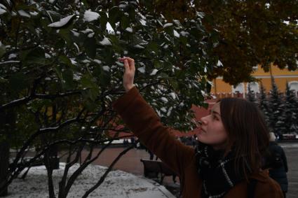 Москва. Девушка трогает заснеженную ветку дерева.