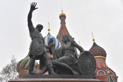 Москва. Памятник Минину и Пожарскому на Красной площади в День народного единства.