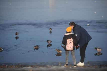 Екатеринбург. Парень с девушкой кормят уток на городском пруду