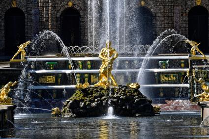 Санкт-Петербург. Фонтан `Самсон, раздирающий пасть льва` в Государственном музее-заповеднике `Петергоф`.