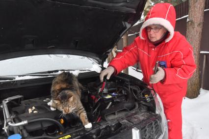 Женщина заводит автомобиль в мороз