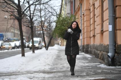 Девушка выбрасывает живую новогоднюю елку