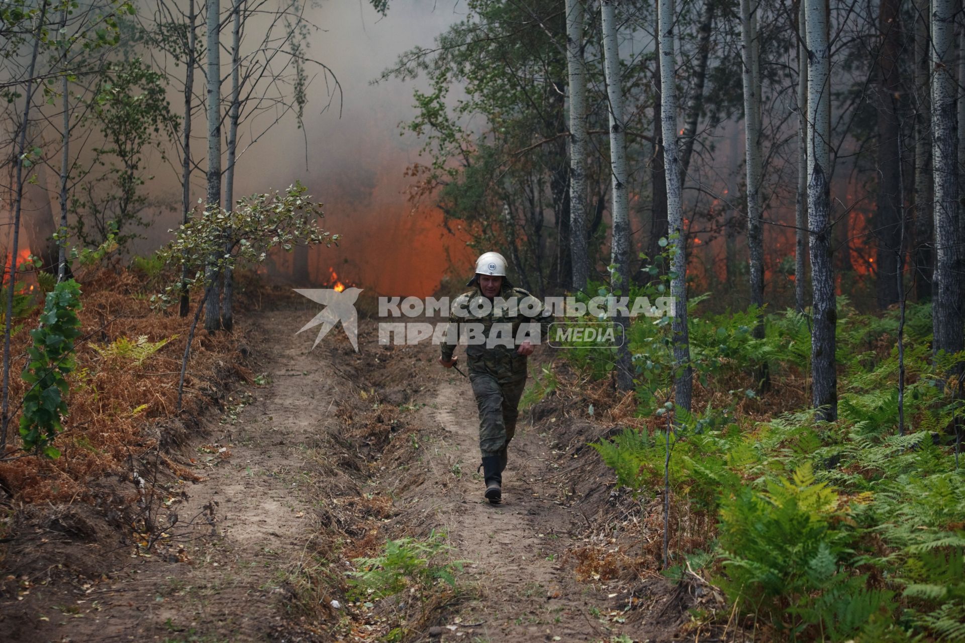 03.09.2010 Тольятти, Россия. Пожарный убегает от внезапного верхового огня на лесном пожаре