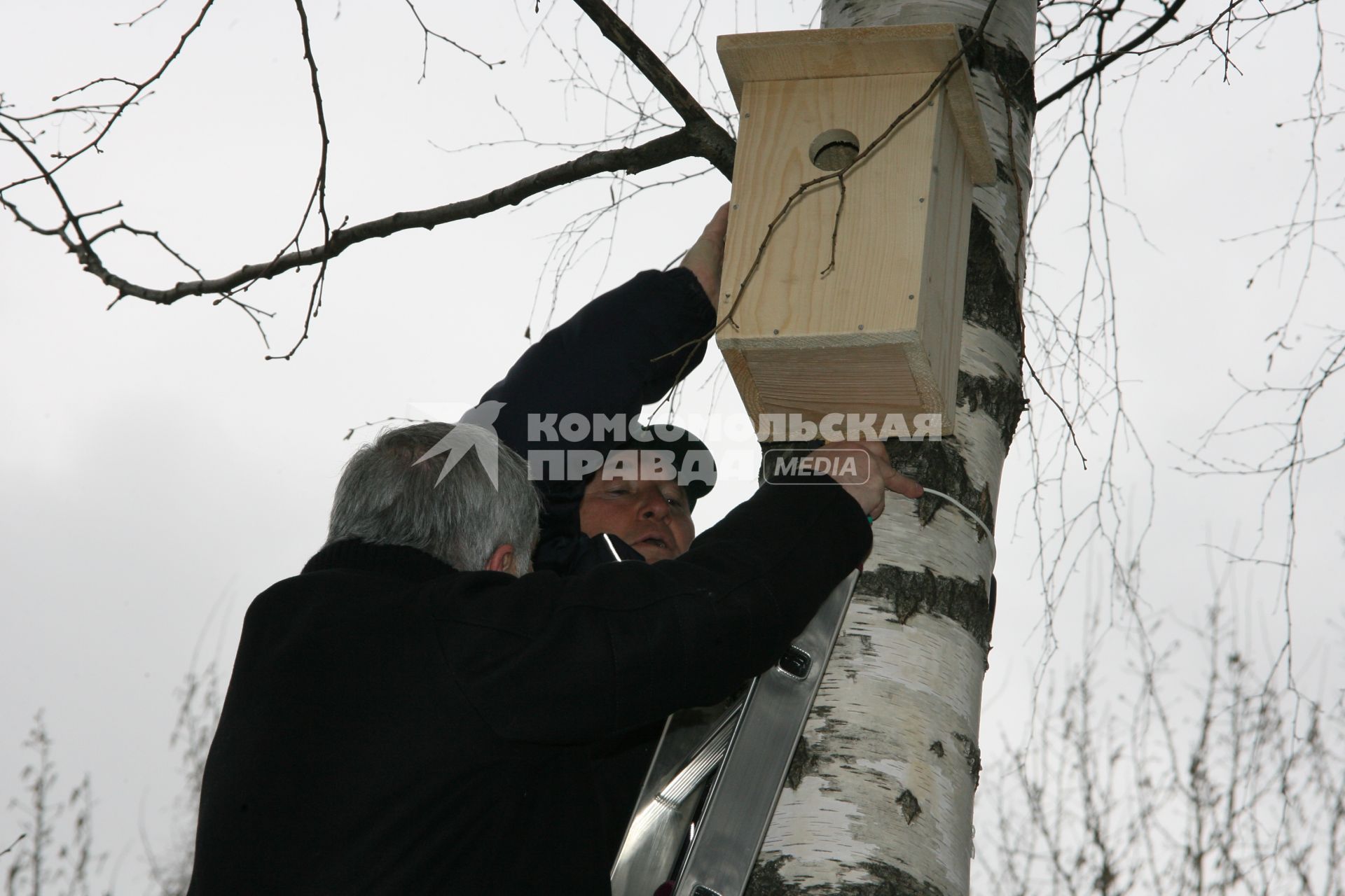 14 апреля 2007 года. Юрий Лужков на субботнике. Скворечник. Береза.