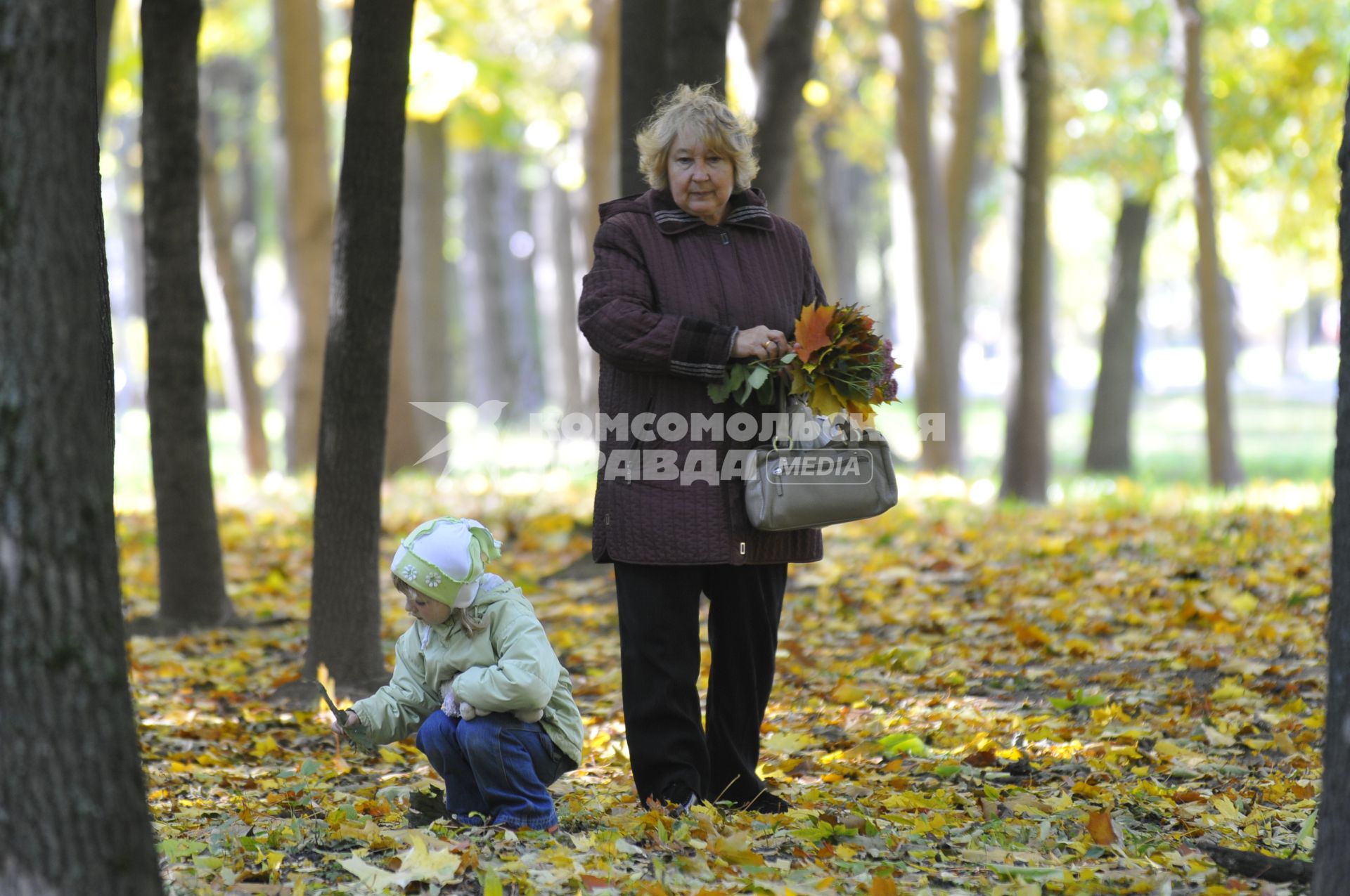 03 октября 2008 года. Осень. Отдых в парке. Женщина с ребенком собирают листья.