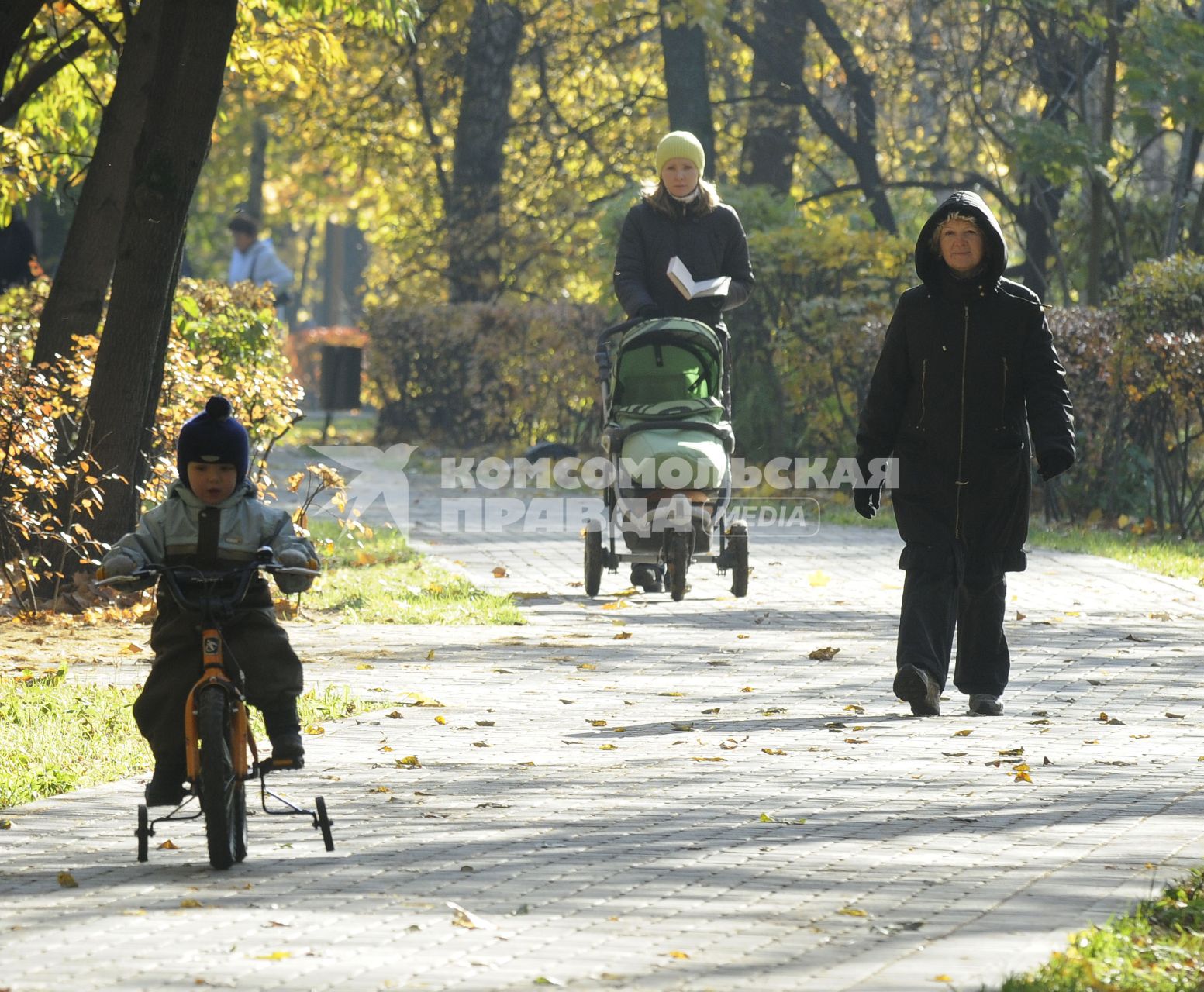 20 октября 2009 года. Осень. Прогулка в парке. Женщина с коляской. Мальчик на велосипеде.