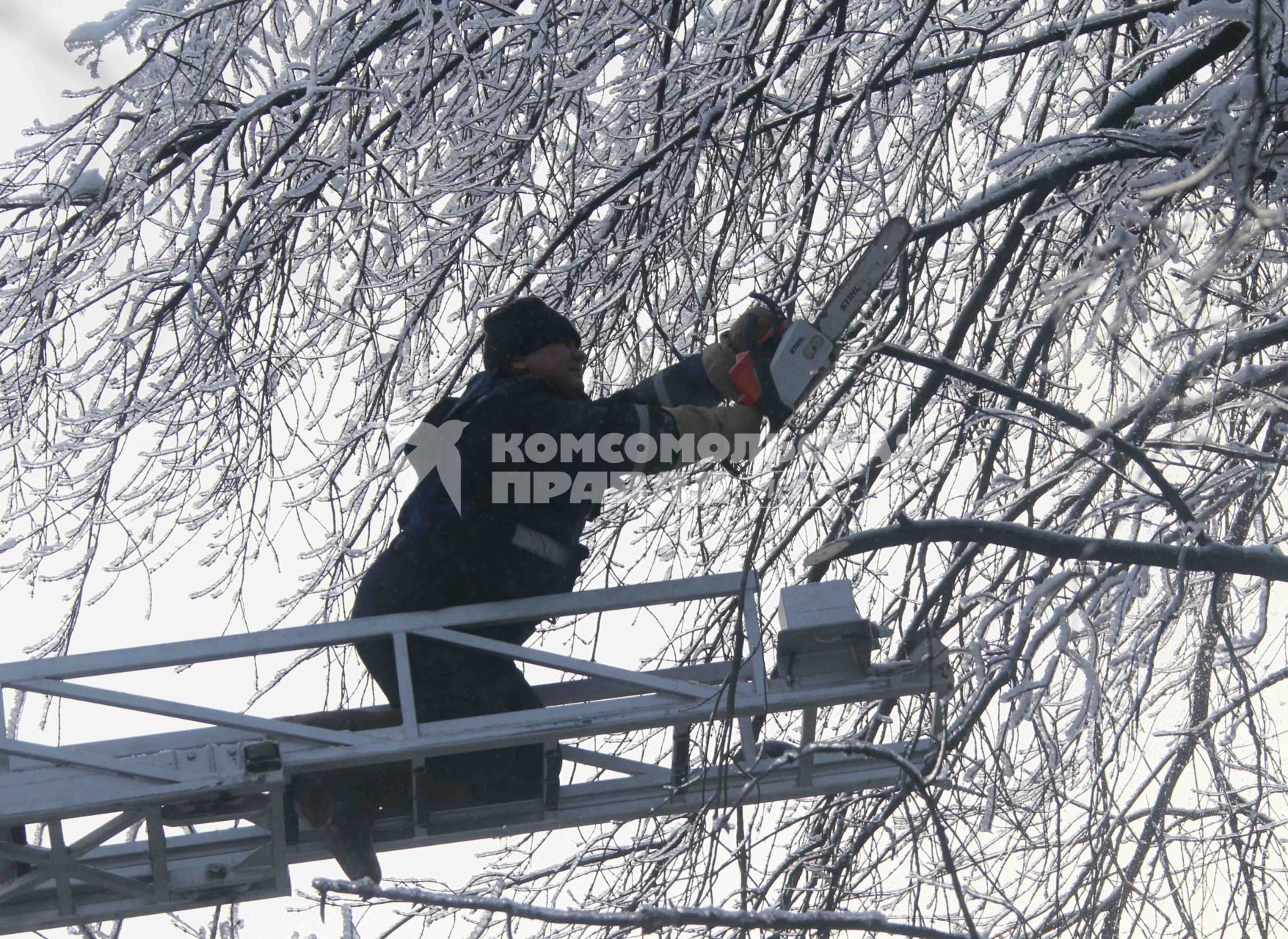 Дата съемки: 04.01.2011 г. Москва  лед, обледенение, деревья, Ледяной дождь, падения деревьев пилят дерево, бензопила