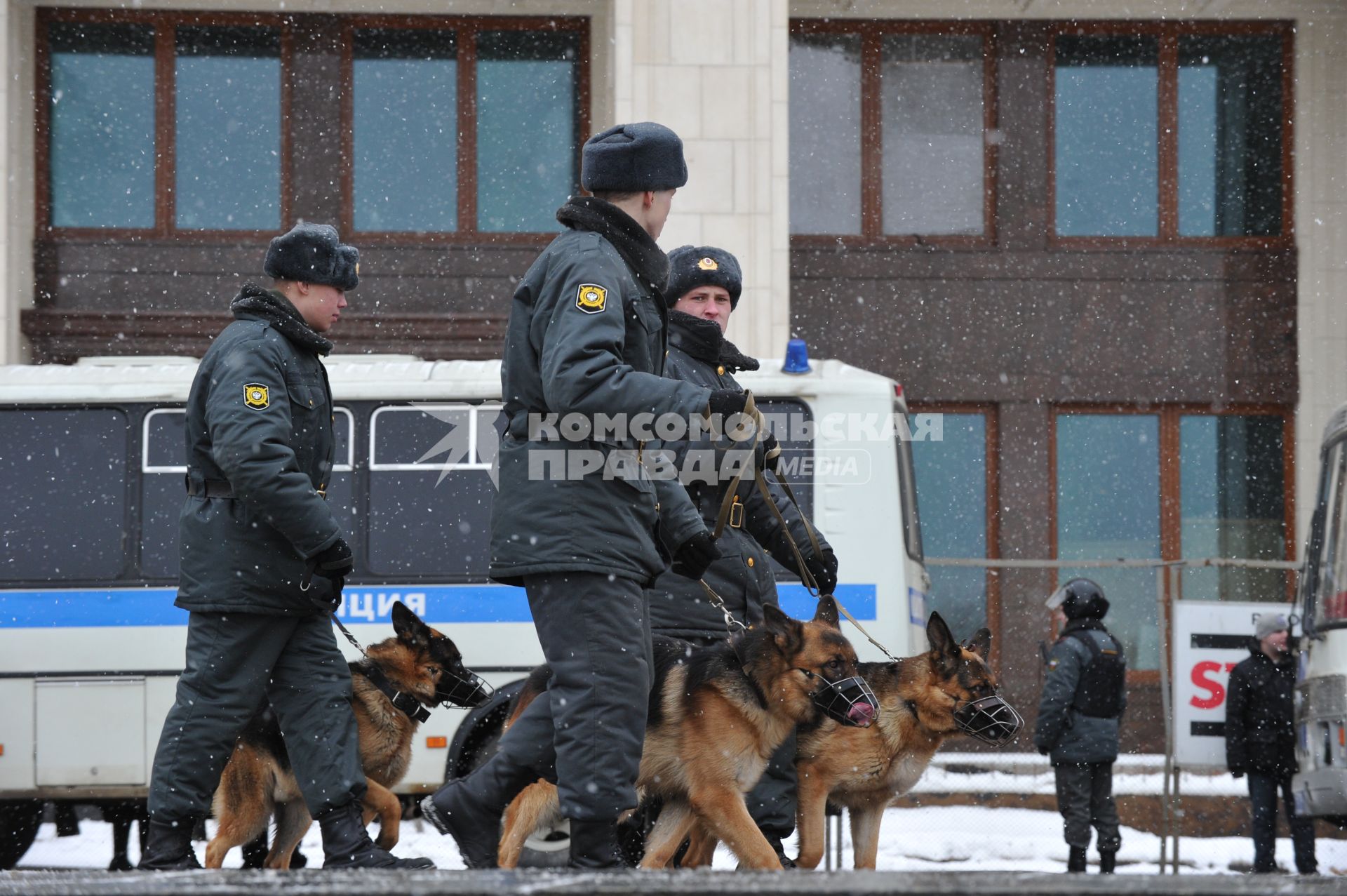 Россия. Москва. 15 января 2011. Манежная площадь, милиция, милиционер. Служебная собака.