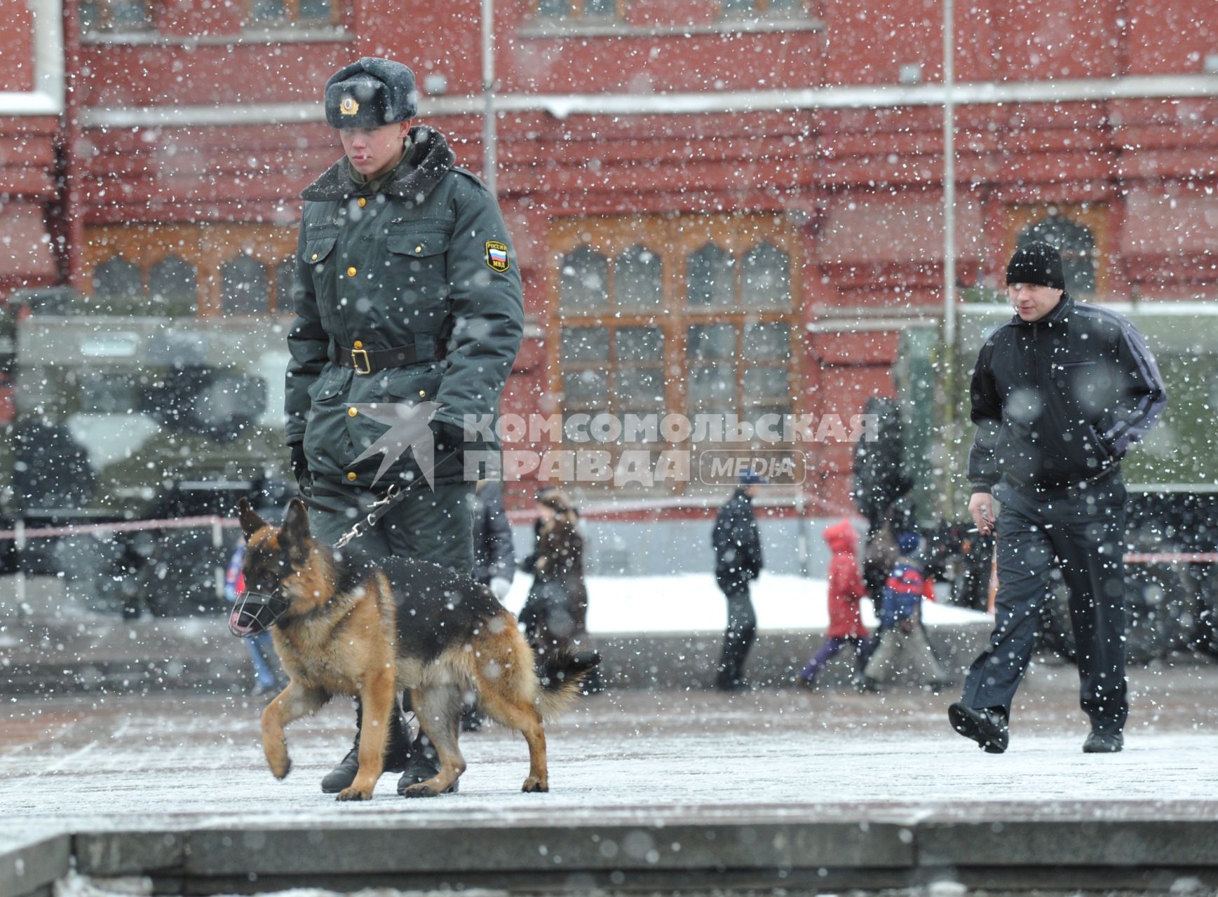 Россия. Москва. 15 января 2011. Манежная площадь, милиция, милиционер. Служебная собака.