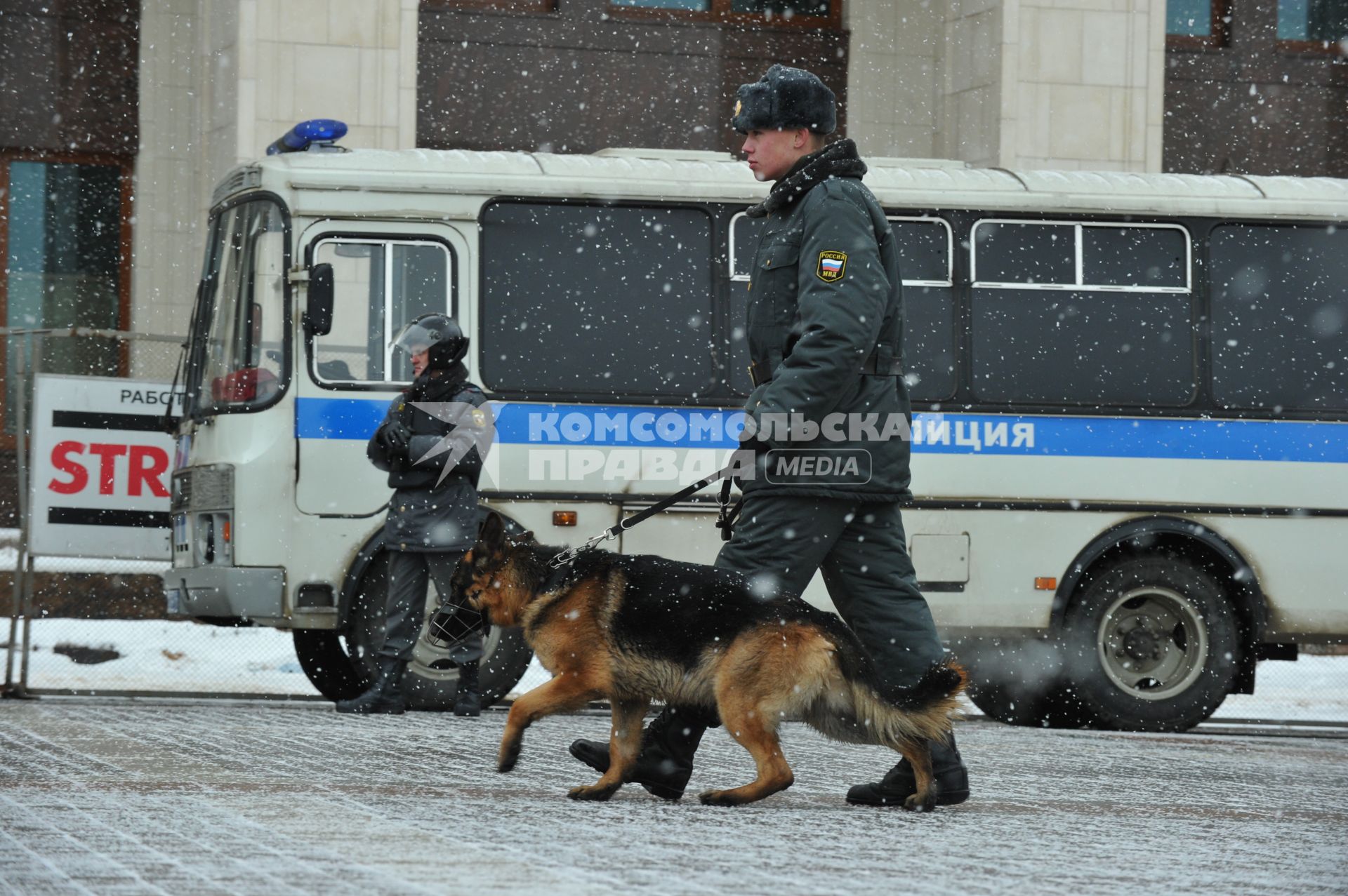 Россия. Москва. 15 января 2011. Манежная площадь, милиция, милиционер. Служебная собака.