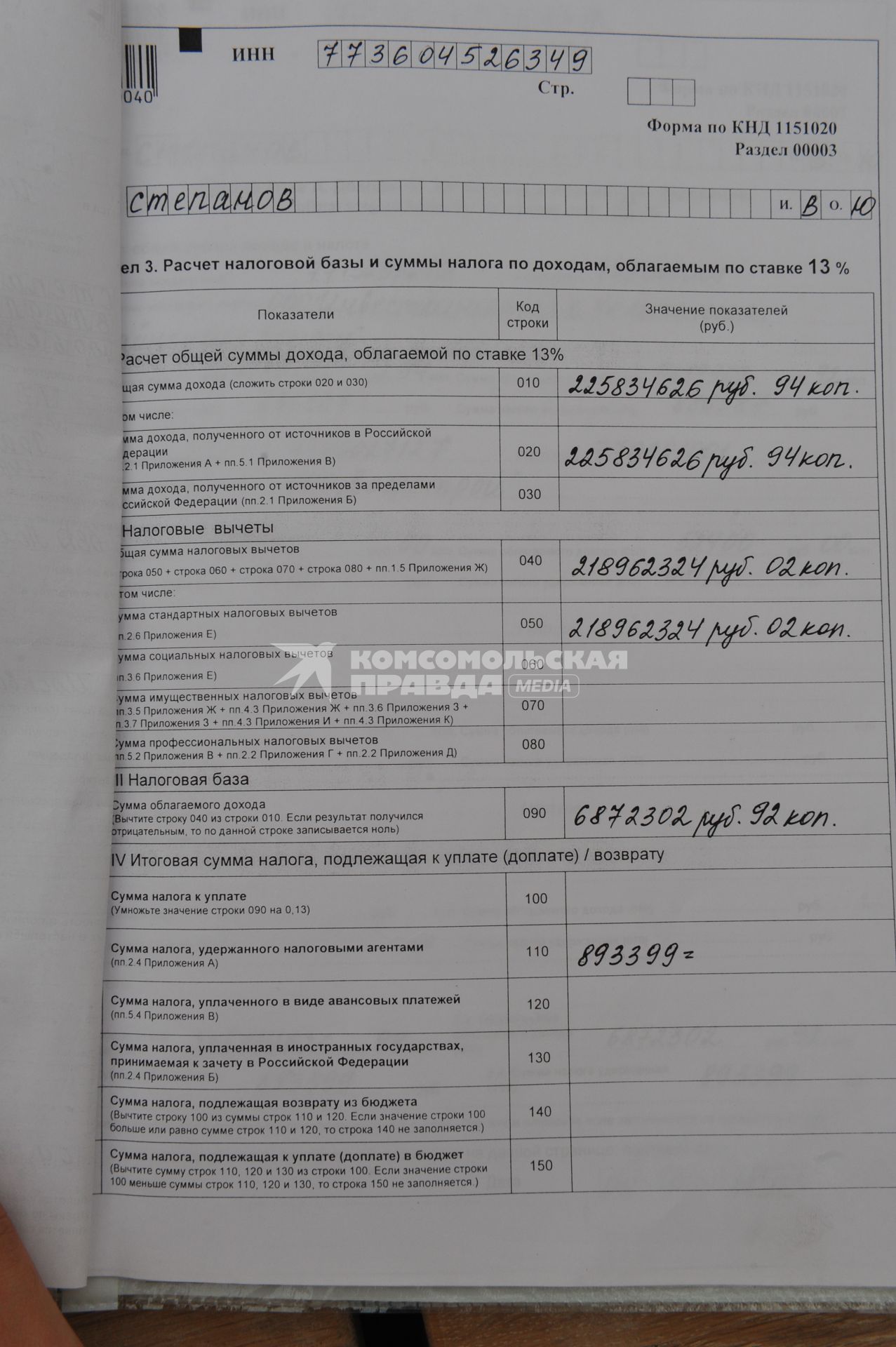 Налоговая декларация.  Владлен Степанов - предприниматель. 6 июня 2011