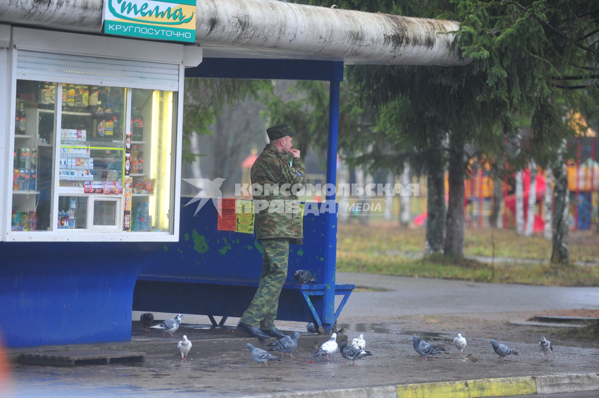 Военнослужащий грызет семечки на автобусной остановке, Плесецк, 03 ноября 2011 года