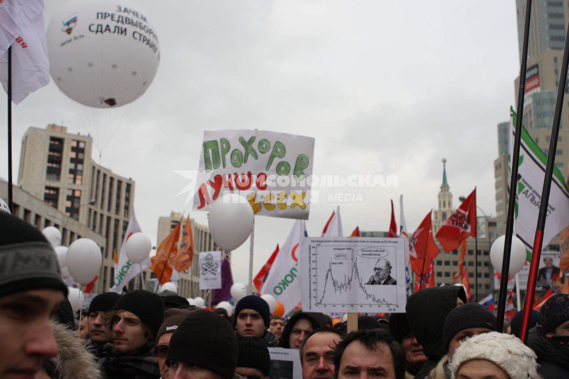 Участники митинга оппозиции ЗА ЧЕСТНЫЕ ВЫБОРЫ на проспекте Сахарова. На снимке: плакат с надписью ПРОХОРОВ ЛУЧШЕ ВСЕХ. 24 декабря 2011 года.